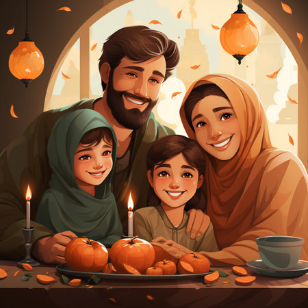 Happy family with pumpkins at table in halloween time, vector illustrationの素材