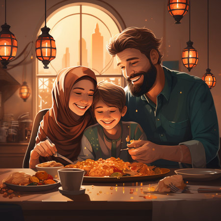 Happy muslim family eating food together at home. Ramadan Kareem concept.の素材