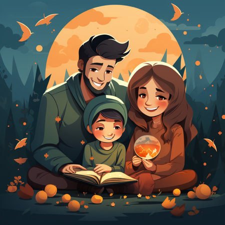 Happy family reading a book in the autumn forest. Vector illustration.の素材