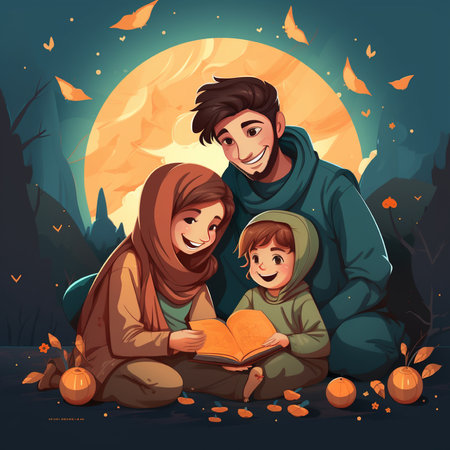 Happy family reading a book in the autumn forest with pumpkins, vector illustrationの素材
