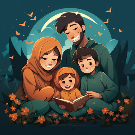 Happy muslim family reading a book in the forest at night illustrationの素材