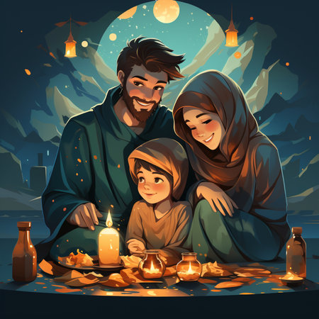 Happy family with holy family in the night. Happy family celebrating Ramadan.の素材