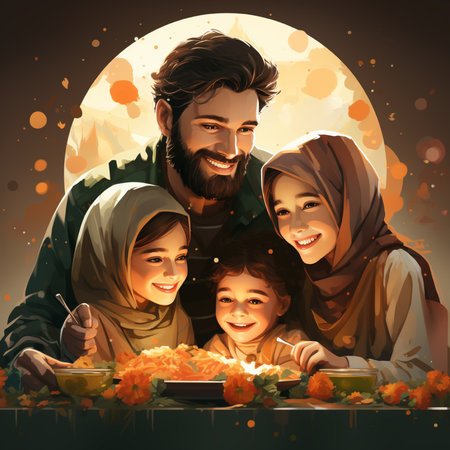 Happy muslim family eating food in front of the full moon.の素材