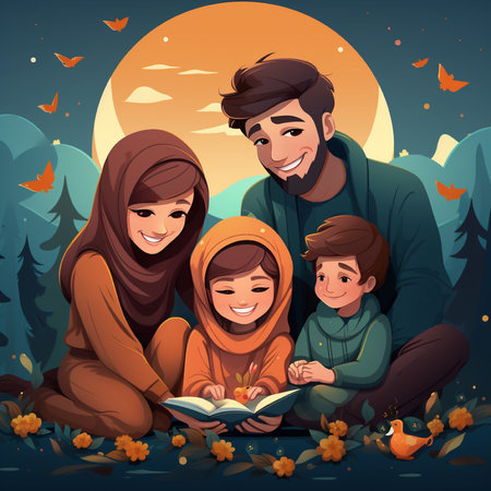 Happy muslim family reading book in the forest at night vector illustrationの素材