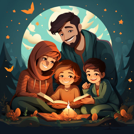 Happy family reading a book at night in the forest. Vector illustrationの素材