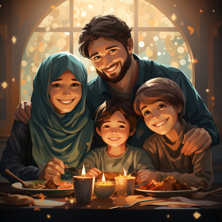 Muslim family celebrating Eid al-Fitr, Eid Mubarak, Eid al-Fitrの素材