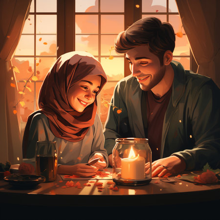 Happy muslim couple sitting at the table with candles and autumn leavesの素材