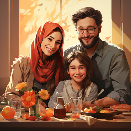 Happy muslim family sitting at table in the kitchen and having lunch.の素材