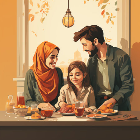 Happy muslim family having breakfast in cafe. Colorful vector illustrationの素材