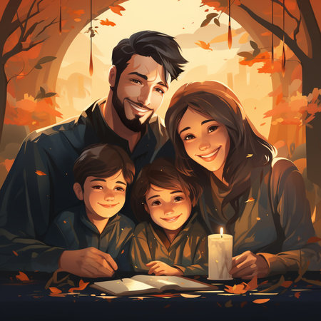 Happy family reading a book in the autumn forest. Vector illustration.の素材