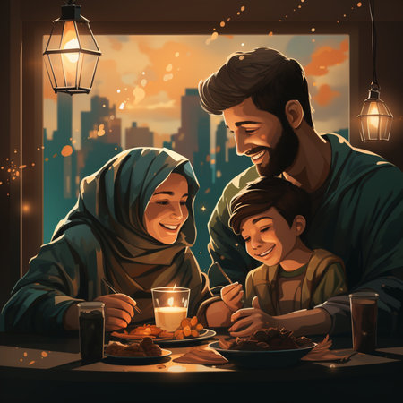 Muslim family eating food at night. Muslim family spending time together.の素材