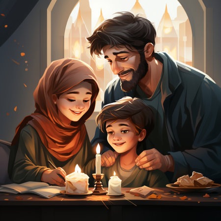 Muslim family praying in the mosque. Ramadan Kareem greeting card.の素材