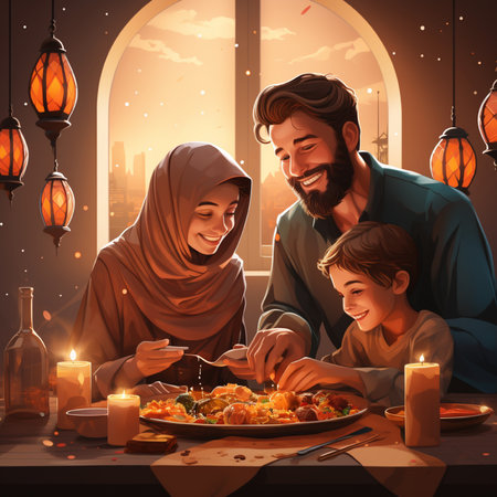Happy muslim family eating dinner together at home in the night.の素材