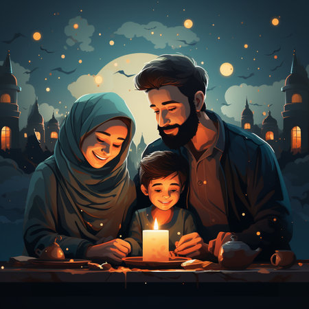 Happy family reading a book with a candle in front of the mosqueの素材