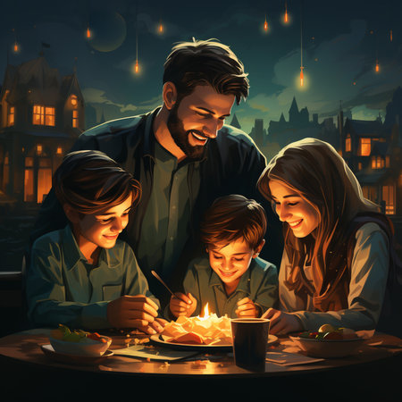 Happy family celebrating Halloween in the night city. Concept of Halloween party.の素材