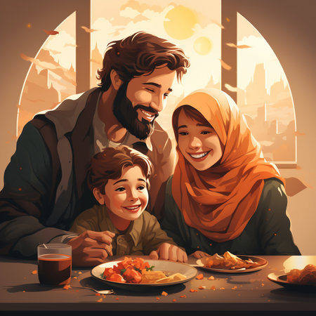 Muslim family having dinner at home. Ramadan Kareem concept. Vector illustrationの素材