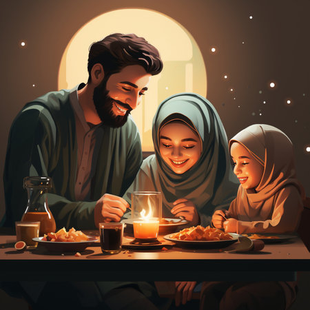 Muslim family eating food together at table. Ramadan Kareem concept.の素材