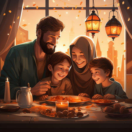 Happy muslim family having dinner together at home. Ramadan Kareem concept.の素材