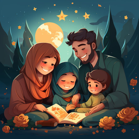 Happy muslim family reading holy quran in the night forest illustrationの素材