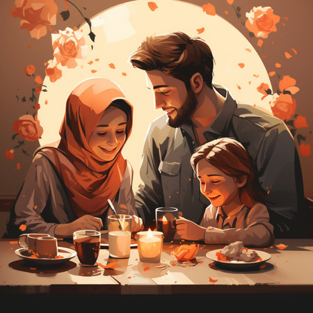 Happy muslim family sitting at table in cafe and eating cake.の素材