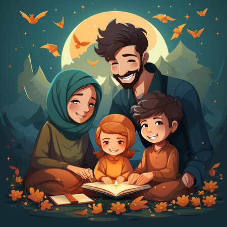 Happy muslim family reading a book in the autumn forest. Vector illustrationの素材