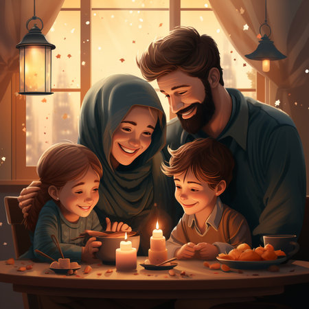 Happy muslim family celebrating ramadan at home. Muslim family concept.の素材