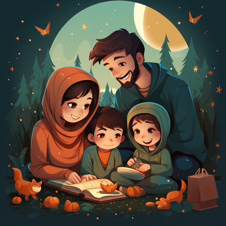 Happy muslim family reading a book in the forest at night illustrationの素材