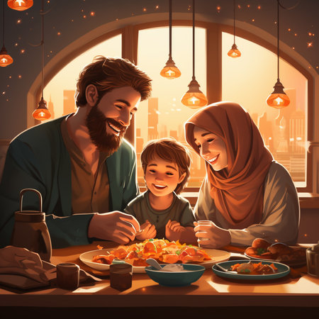 Happy muslim family having meal together. Ramadan Kareem concept.の素材