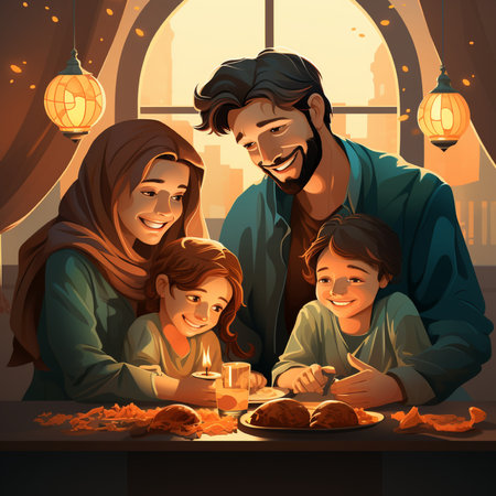 Happy family celebrating Hanukkah with children. Vector illustration in cartoon styleの素材