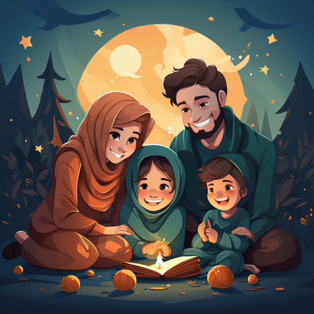 Happy muslim family spending time together at night. Muslim parents with children sitting on the ground and reading holy book. Vector illustrationの素材