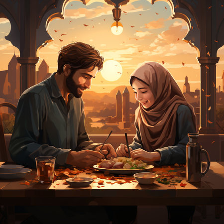 Muslim couple eating in a restaurant at sunset. 3d illustration.の素材