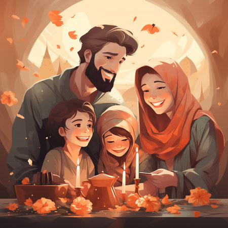 Happy family celebrating diwali festival of lights. Vector cartoon illustrationの素材