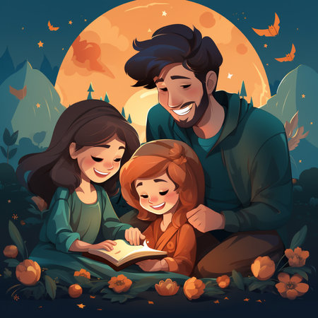 Happy family reading a book in the forest at night. Vector illustrationの素材