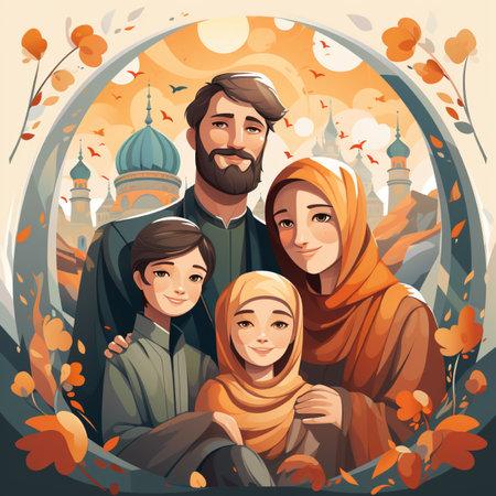 A portrait of a Muslim family in traditional attire, with a mosque and vibrant sky in the background.の素材