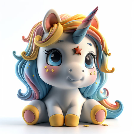 Cute cartoon unicorn character with a colorful mane and sparkly stars, sitting and looking forward with a gentle smile.の素材