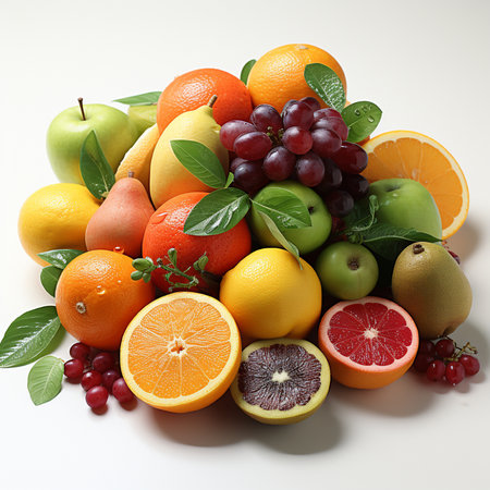 A vibrant collection of fresh, ripe fruits, showcasing a variety of citrus, berries, and other seasonal produce.の素材
