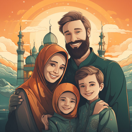 A joyous Muslim family sharing a moment of togetherness against a backdrop of mosques and a vibrant sunset, embodying Islamic heritage and unity.の素材