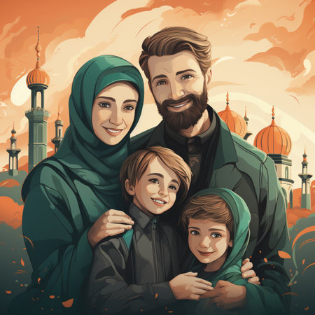 A loving Muslim family of four smiles warmly in front of stylized Islamic architecture under a warm sky.の素材