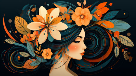 Stylized illustration of a woman's profile with elaborate floral elements woven into her dark, swirling hair.の素材