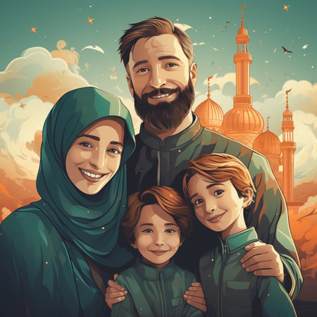 A smiling Muslim family of four, including parents and two children, photographed with Islamic mosque architecture in the background.の素材