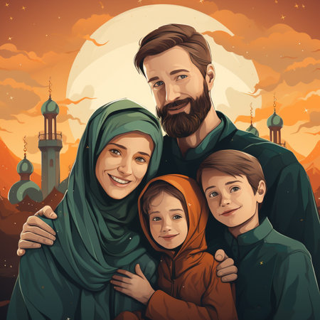 A joyful Muslim family of four poses for a portrait, set against a backdrop of mosques and a large moon, symbolizing unity and togetherness.の素材