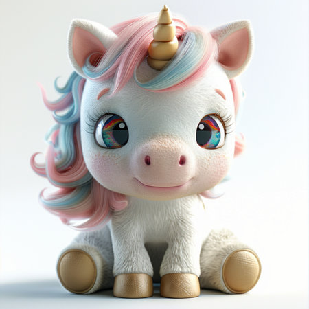 Cute, fluffy baby unicorn with a golden horn, rainbow eyes, and pastel mane, sitting down, isolated on white.の素材
