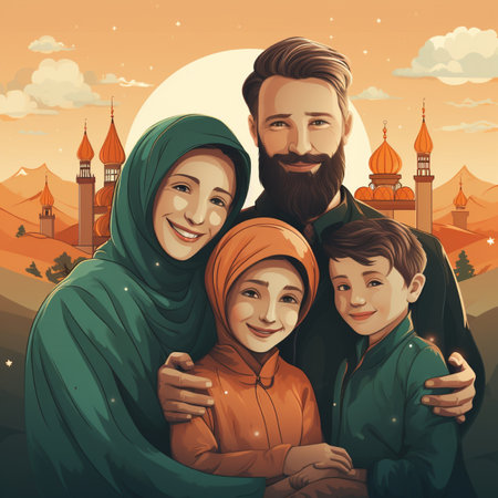 A happy Muslim family with two children, dressed in traditional attire, smiling against a backdrop of mosque architecture at sunset.の素材