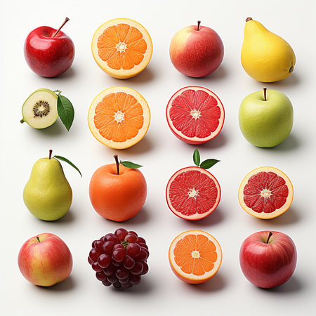 A vibrant collection of diverse whole fruits and colorful citrus slices artfully arranged on a seamless white surface.の素材