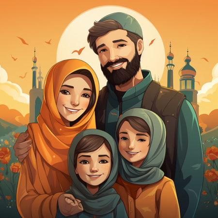 A joyful Muslim family of four, parents and two daughters, dressed in traditional Islamic attire, posing outdoors with mosques and floral scenery.の素材