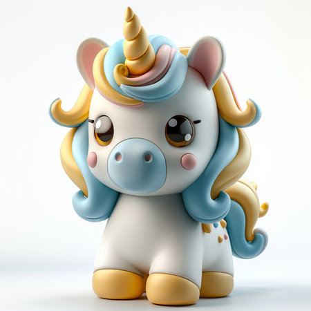 Cute cartoon unicorn isolated on white background. 3D rendering.の素材