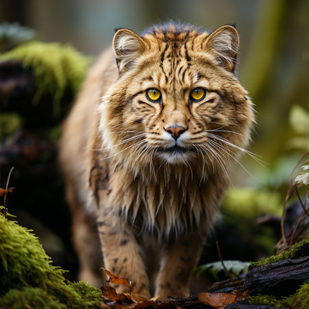 A detailed close-up of a wild lynx cat's face, featuring its intense yellow eyes and patterned fur, set in a forest environment.の素材