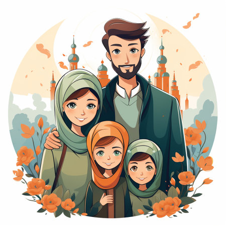 A loving Muslim family of four posing happily together, with Islamic architecture and blooming orange flowers.の素材