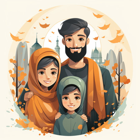 A joyful illustration of an Islamic family, father, mother, and daughter, in traditional modest clothing against an autumnal city backdrop.の素材