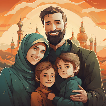 A joyful Muslim family of four, father, mother in hijab, and two sons, posing happily outdoors with Islamic architecture and a vibrant sunset sky.の素材